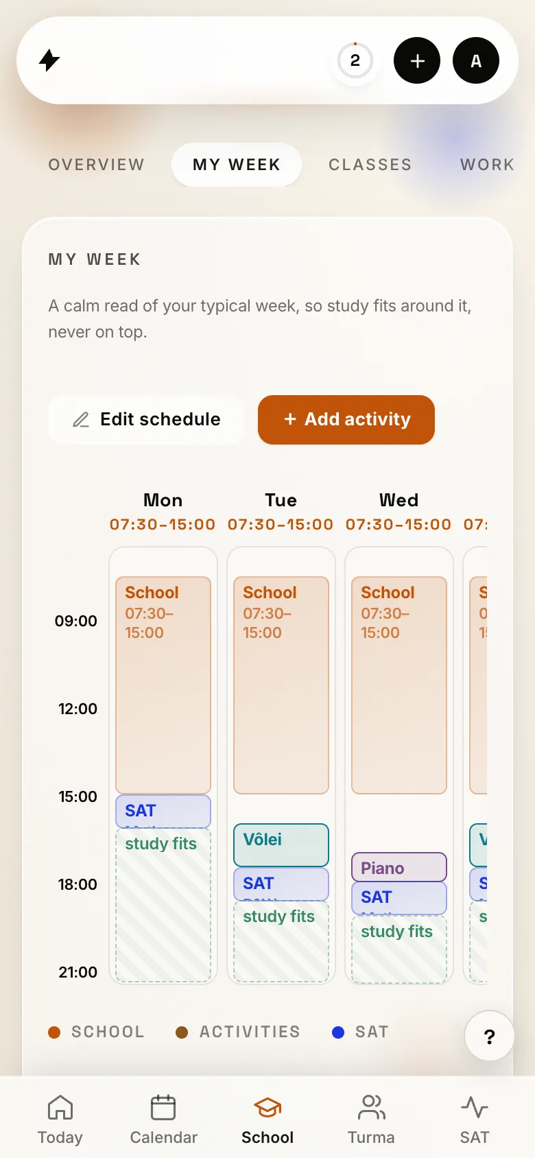 My Week in PeakScore: school hours, activities and the studying placed around them